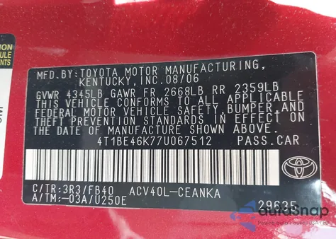 2007 Toyota Camry Le from USA, damaged, VIN 4T1BE46K77U067512